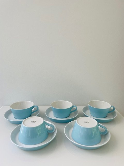Set of 5 Vintage Arzberg TRIC Cups and Saucers - Light Blue Porcelain