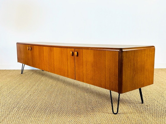 Image 1 of Low Scandinavian teak sideboard with 4 doors and hairpin metal legs, 1960