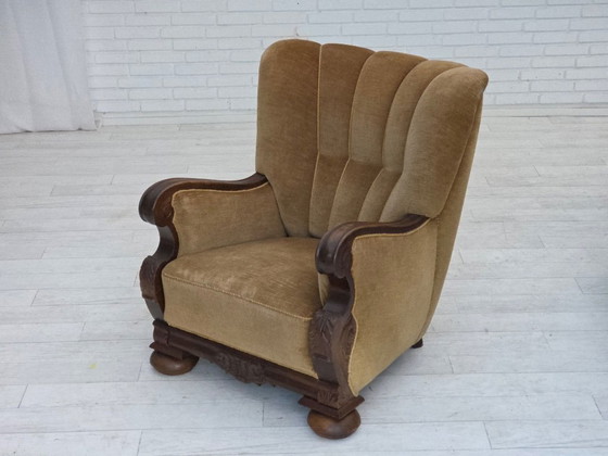 Image 1 of 1960s, Danish relax chair, original green furniture velour, carved oak wood.