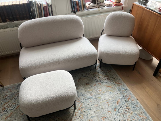 Image 1 of Set da soggiorno composto da 3 pezzi: divano a 2 posti Polly, poltrona a 1 posto e poggiapiedi Teddy, avorio/beige.