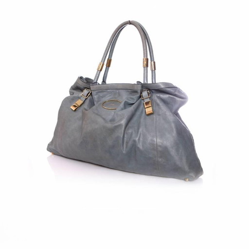 Chloe, borsa shopper in pelle blu/grigia con dettagli dorati.