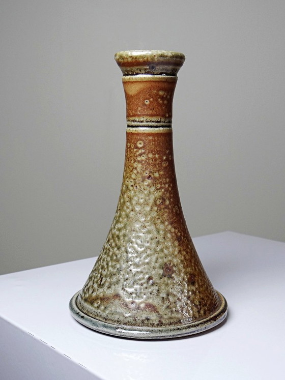Image 1 of Vintage glazed stoneware candlestick or bud vase signed Le Don