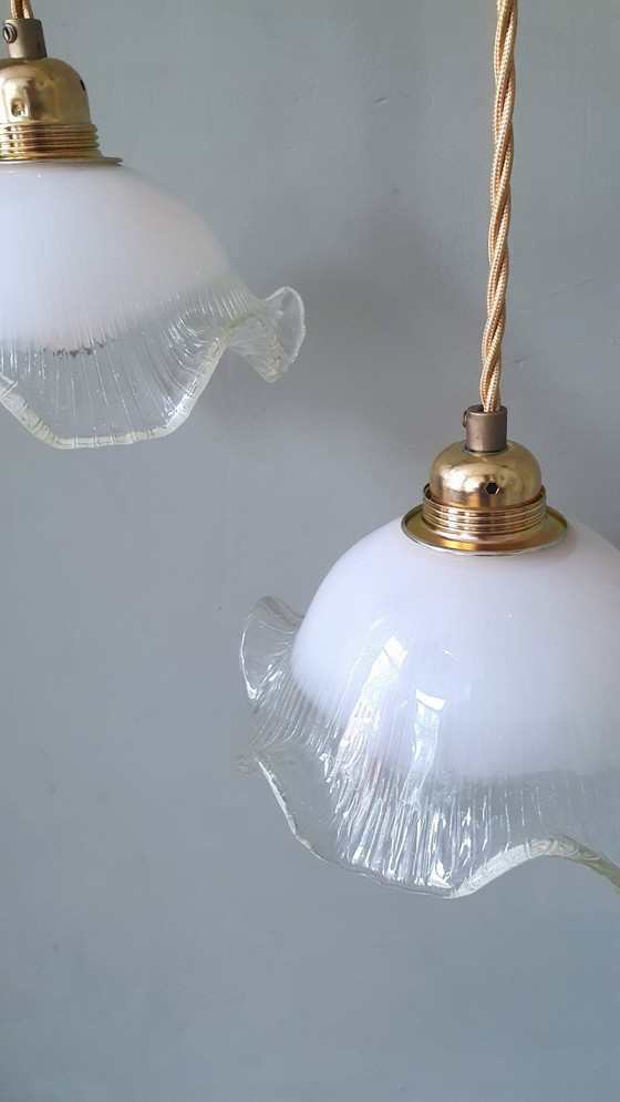 Set di 2 lampade a sospensione vintage in vetro bianco satinato, forma floreale, texture – Metal (photo 21 of 23)
