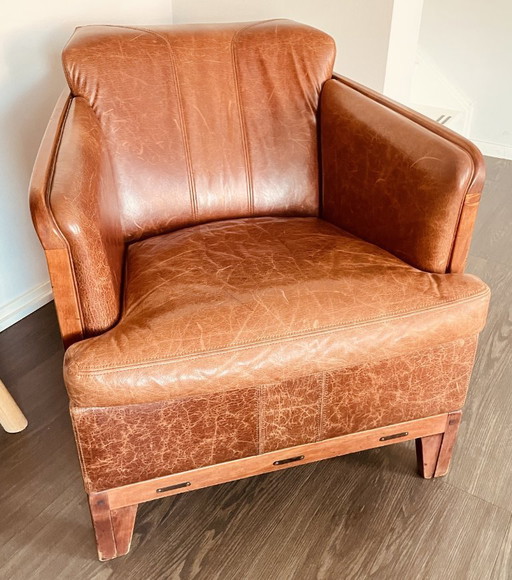 Schuitema – Poltrona in legno massello e pelle in stile Arts & Crafts/Mission. – fauteuils, Leather