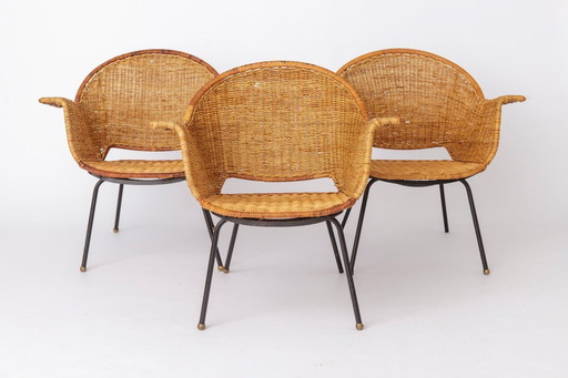 Vintage Korbsessel von Gianfranco Legler, 1950er Jahre | 3er-Set Schweizer Rattan-Loungesessel | Mid-Century Modern