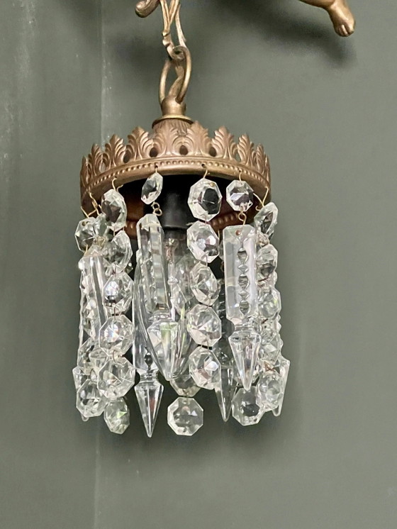 Originele Art Nouveau Lamp met vliegende bronzen cherubijn en kristalglas, circa 1915. Vintage Bronzen Engel (photo 6 of 10)