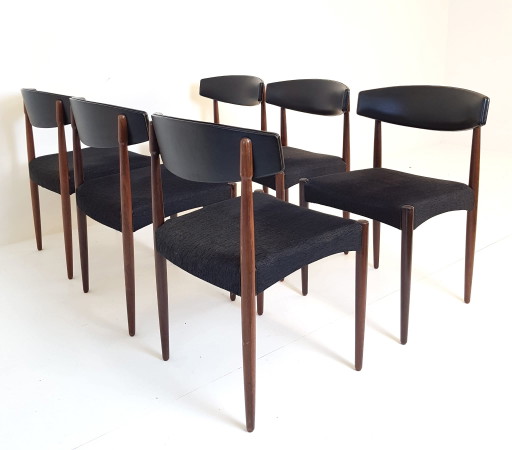 6 Dänische Vintage Stühle Palisanderholz Schwarz Skai Und Stoff