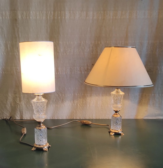 Image 1 of Pieds de lampe à poser en verre et métal doré - mid. XXeme