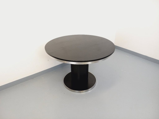 Table ronde de repas vintage en mélaminé esprit bois noir et métal chromé style Space Age / Diner des années 70 avec rallonge in