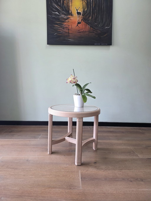 Tavolino vintage in stile Hollywood Regency | Struttura in legno | Cinghie e vetro | Anni '70/'80