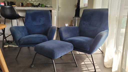 2x Ojee Design fauteuils en 1x voetenbankje