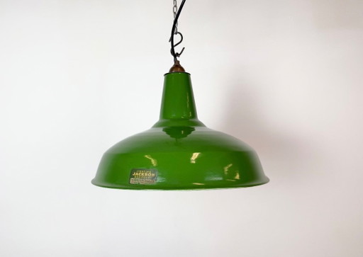 Industrielle Fabrik-Hängelampe aus grüner Emaille von Jackson Electrical Co., 1960er – hanglampen, Iron (photo 2 of 18)