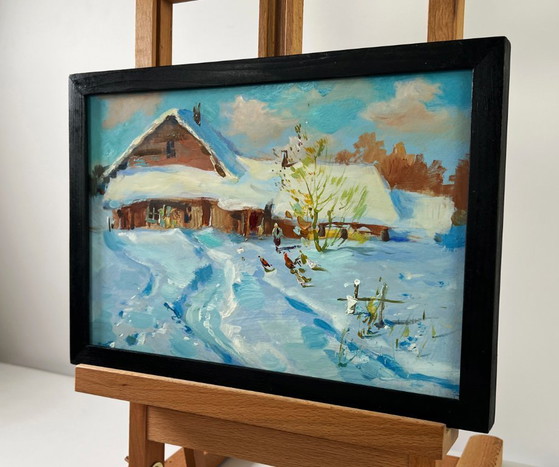 Image 1 of Original Oil Painting Winter Houses Landscape Winter comfort