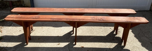 Par de bancos rústicos de madera maciza de 250 cm para mesa de campo de estilo años 50. – bankjes, Wood