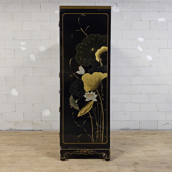Image 1 of Vintage Chinese black lacquer cabinet birds and flowers bohemian / bohemian / oriental cabinet
