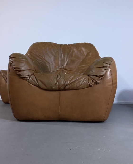 Image 1 of Ensemble de sièges vintage en cuir cognac des années 70, italien et français