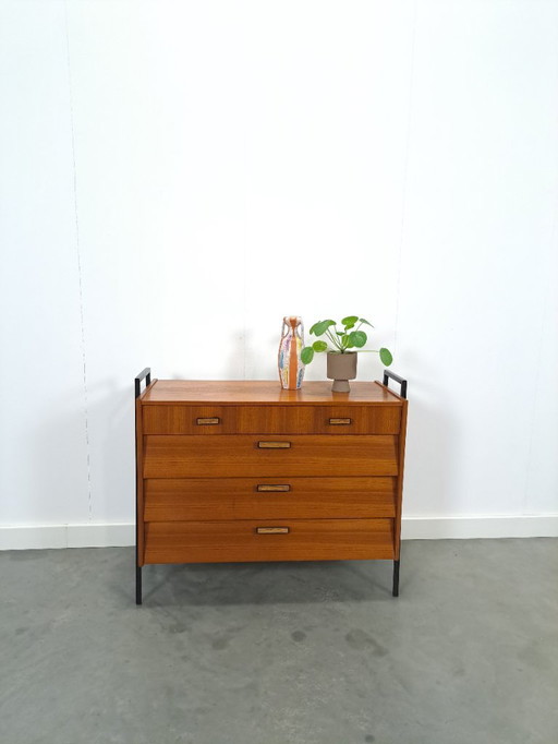 Scarpiera in teak con gambe in metallo nero, n. 1