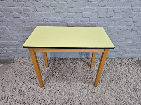 Image 1 of Vintage Design Wooden Kitchen Table with Lemon Yellow Formica Top – The Netherlands, 1950s