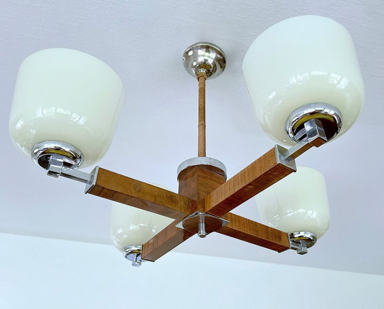 Image 1 of Lampe pendante Art Déco en bois et verre chromé