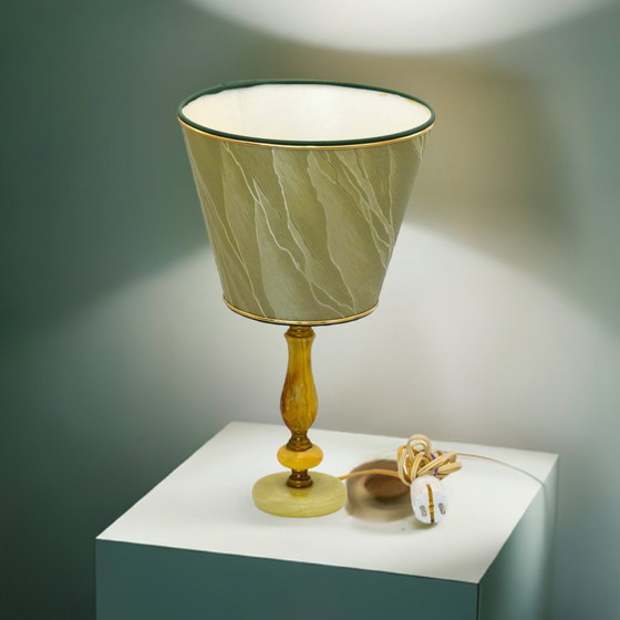 Image 1 of Lampada da tavolo vintage in marmo verde marrone e ottone - Illuminazione unica e retrò