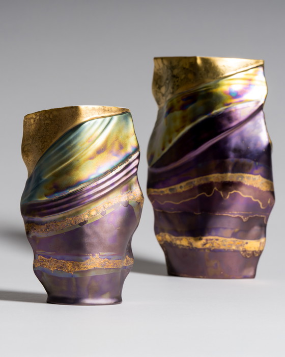 Image 1 of Porcelain Vase Duo by Johan van Loon × Helmut Drexler for Rosenthal Studio Linie Hand-painted Eosin-glazed 