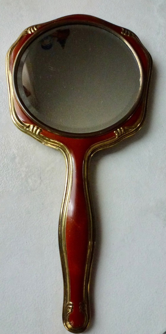 Image 1 of Vintage handspiegel, Facet geslepen, Duitsland, messing met celluloid.