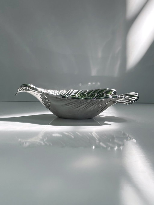 Vintage silver-plated metal bowl bird dove from the 70s Italy Vide Poche silver plate serving bowl bowl