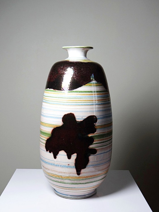 Large Vintage Handmade Ceramic Vase with Iridescent Luster 20th-21st Century – Artisanal (photo 3 of 13)