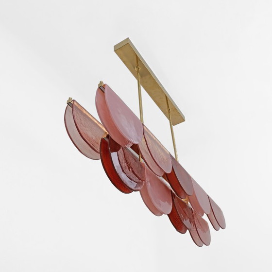 Image 1 of Lámpara de araña lineal modular italiana de cristal de Murano y latón en rosa y rojo.