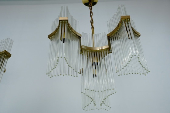 Image 1 of Coppia di lampadari in ottone e vetro di Gaetano Sciolari, Italia, anni '70
