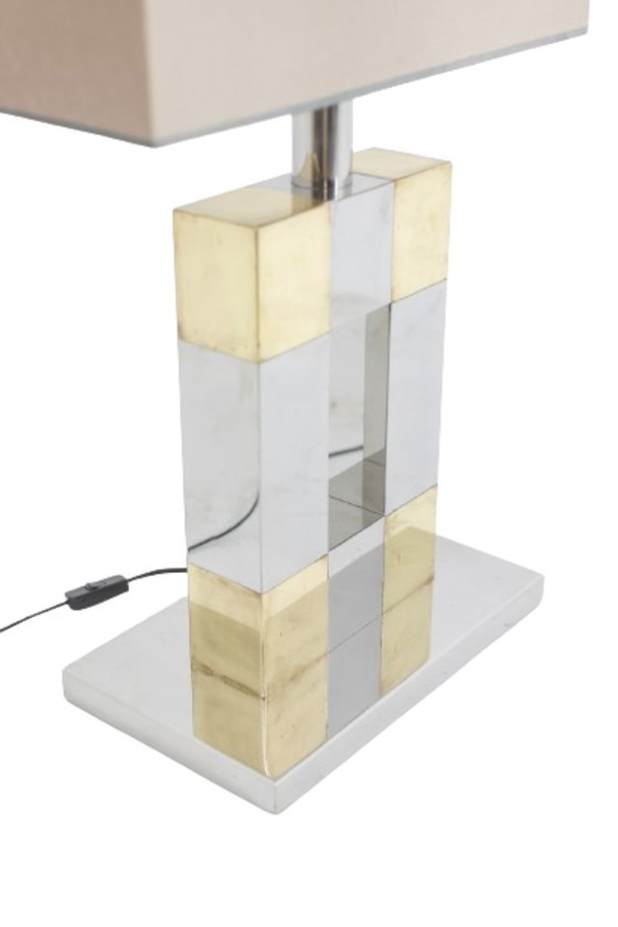 Image 1 of Sandro Petti. Geometrische lamp in zilver en goudkleurig metaal, jaren 70.