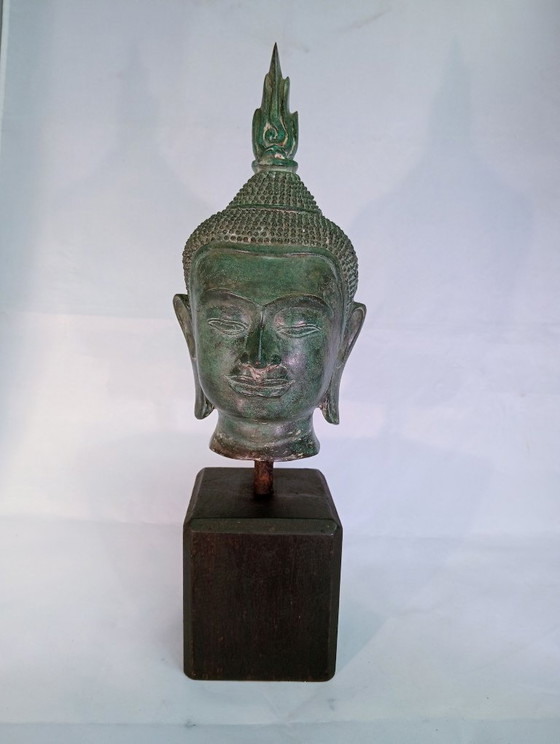 Sculptures Tête de Bouddha, Bronze sur Socle en Bois, Vert, Aziatisch (photo 2 sur 7)