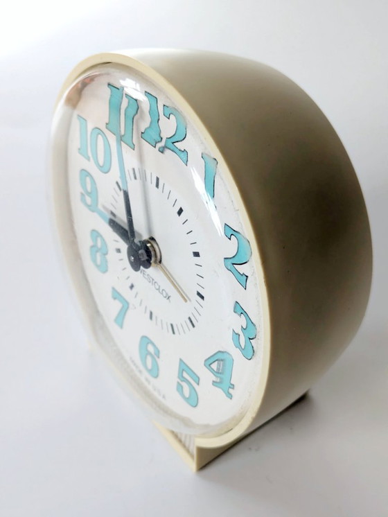 Image 1 of Vintage 1970s Westclox Alarm Clock | Cream and Turquoise, Made in USA