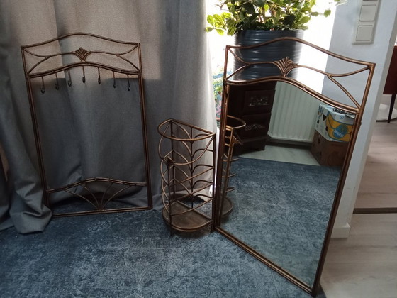 Image 1 of 3 delig Palazzo art / art nouveau vestibule set spiegel kapstok paraplu houder goud metaal kleur