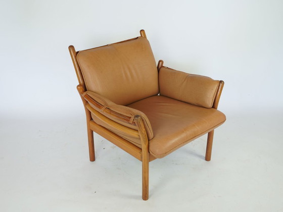 Image 1 of Illum Wikkelsoe teakhouten lounge stoel en kruk vintage design jaren 60