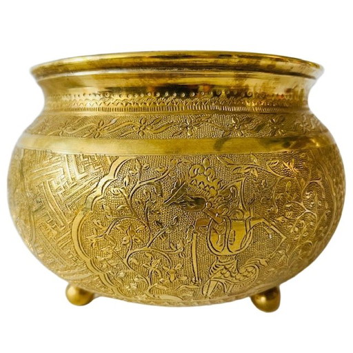 Antike indonesische Messing Blumentopf jardiniere Wayang Gravur