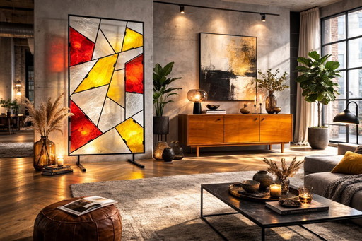 Mid-Century Modern Geometric Room Divider with Textured Colored Glass, 1970s–1980s