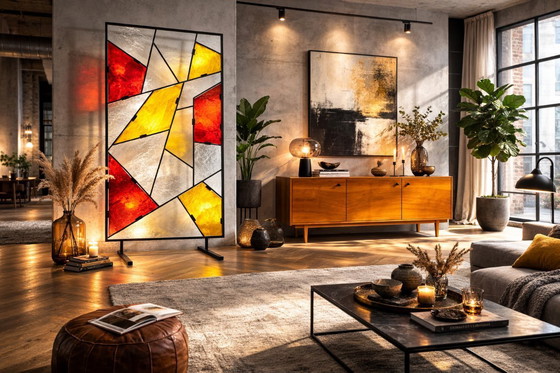 Image 1 of Mid-Century Modern Geometric Room Divider with Textured Colored Glass, 1970s–1980s