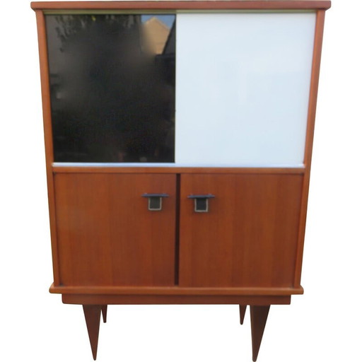 Buffet haut vintage avec portes coulissantes en verre, France 1955