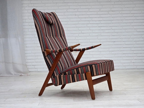 Image 1 of Anni '60, poltrona svedese, tessuto di lana a righe, legno di quercia, legno di teak.
