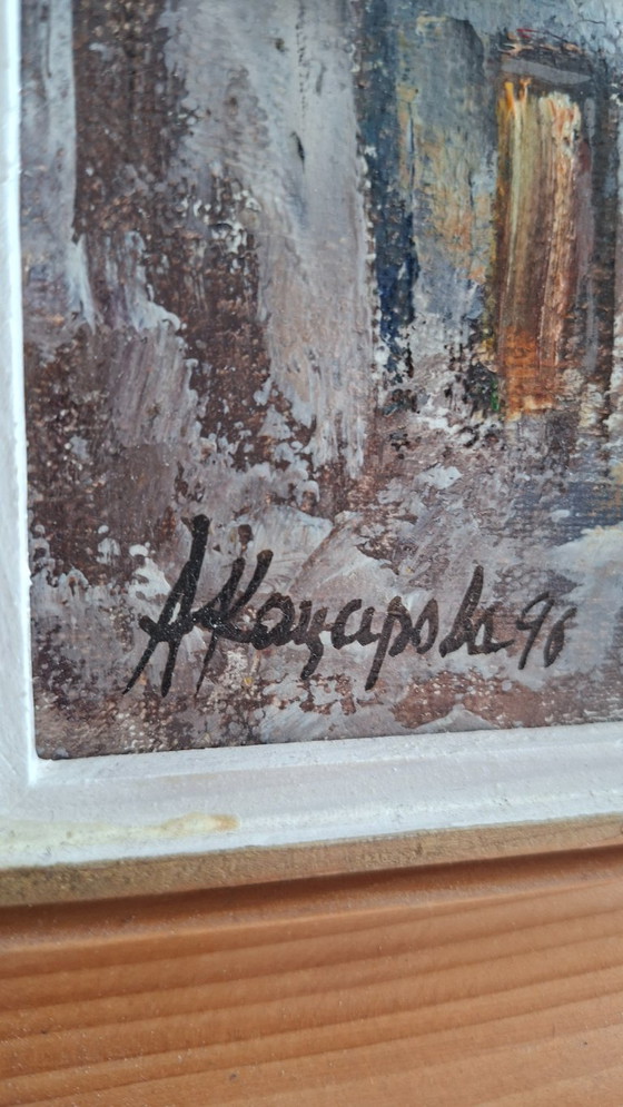 Image 1 of  A. Koyarova (1996) – Winters dorpsgezicht Bozhentsi – Olieverf op linnen