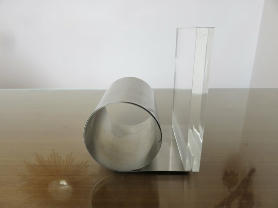 Image 1 of Serre Livre Déroulant Roche Bobois En Plexiglass Et Acier Inoxydable, 1970