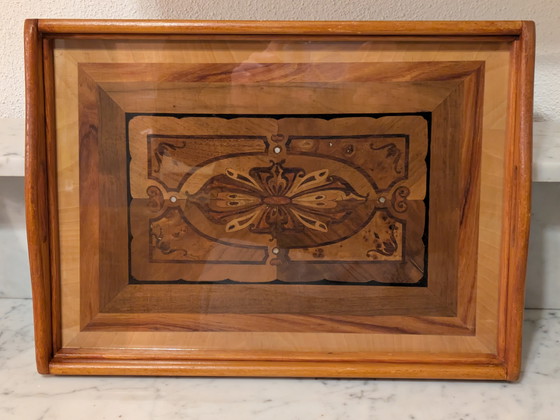 Image 1 of Art Deco wooden inlaid tray, probably from France around 1940.