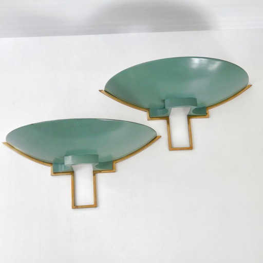 PAIR OF VINTAGE 1940s-1950s METAL & BRASS WALL LIGHTS BY JEAN PERZEL JULES LELEU
