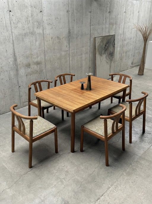 HANS J. FRYDENDAL FOR BOLTINGE STØLEFABRIK TEAK WOOD DINING TABLE & 6 CHAIRS DENMARK 1970s