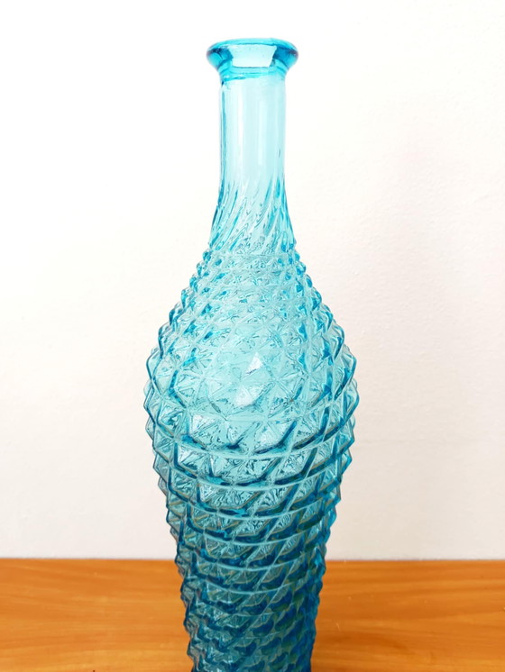 Image 1 of Empoli Glas Diamant Flaschenvase Blau 1950