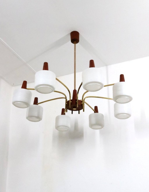 XL Danish Design Vintage Chandelier Teak Milky Glass