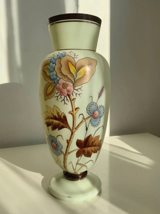 Image 1 of Antique Bohemian Art Nouveau Uranium Satin Glass Vase - Harrach - c. 1900