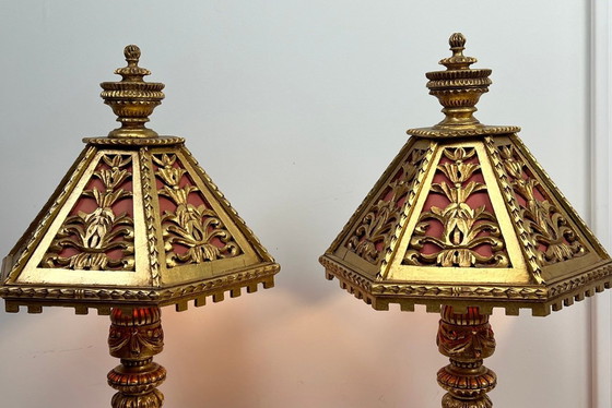 Image 1 of 2x Florentino italiano de madera dorada, lámparas de mesa de mediados de siglo, ¡monumental! ¡Dramáticas!