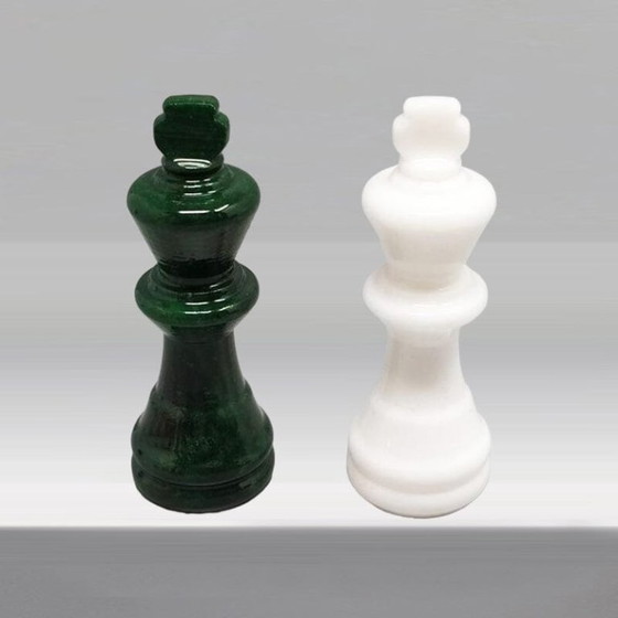 Image 1 of 1970s Italian Volterra Alabaster Chess Set in Rare Forest Green and White